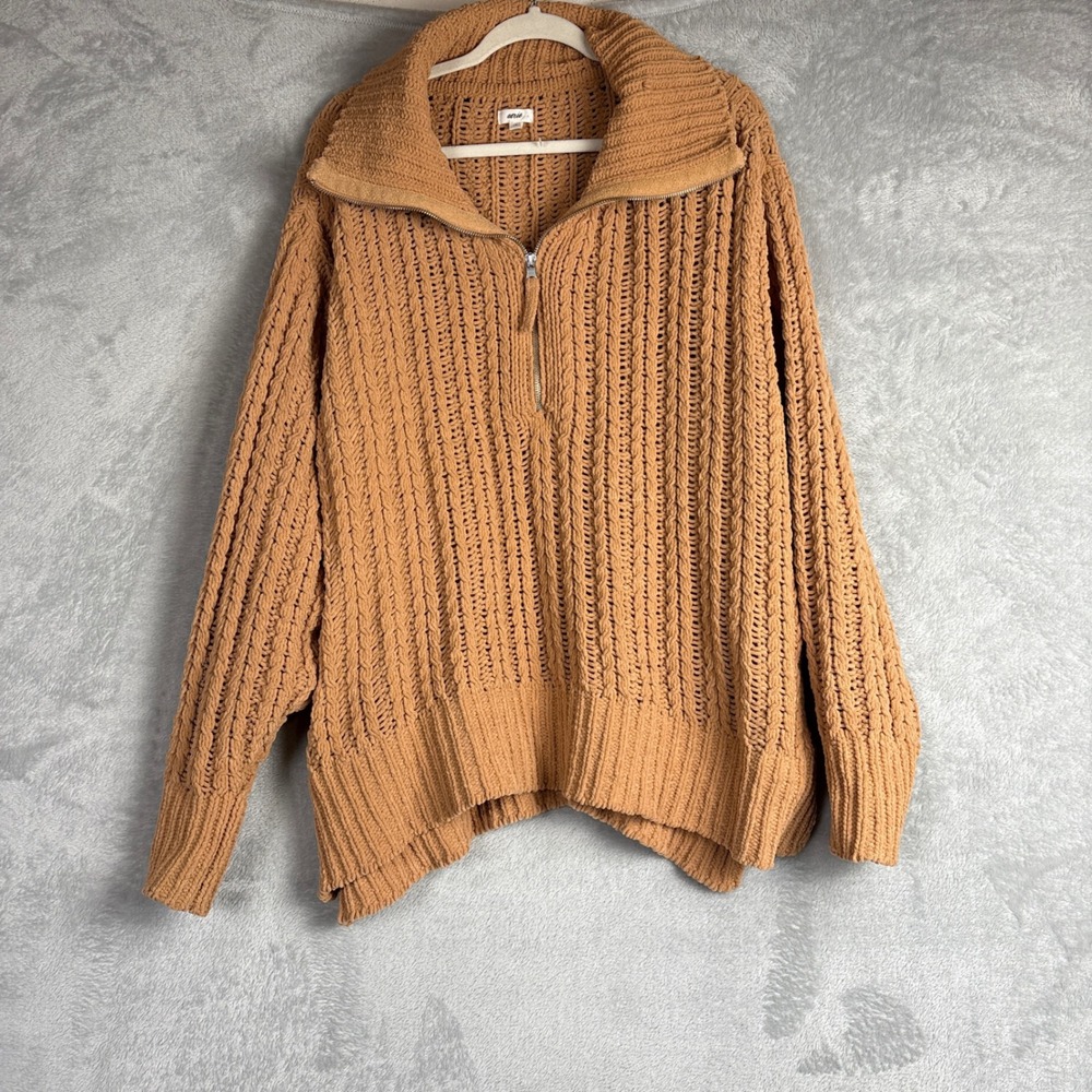 Aerie Chenille Cable‎ Knit Quarter Zip Sweater Camel Brown Large Womens Cozy